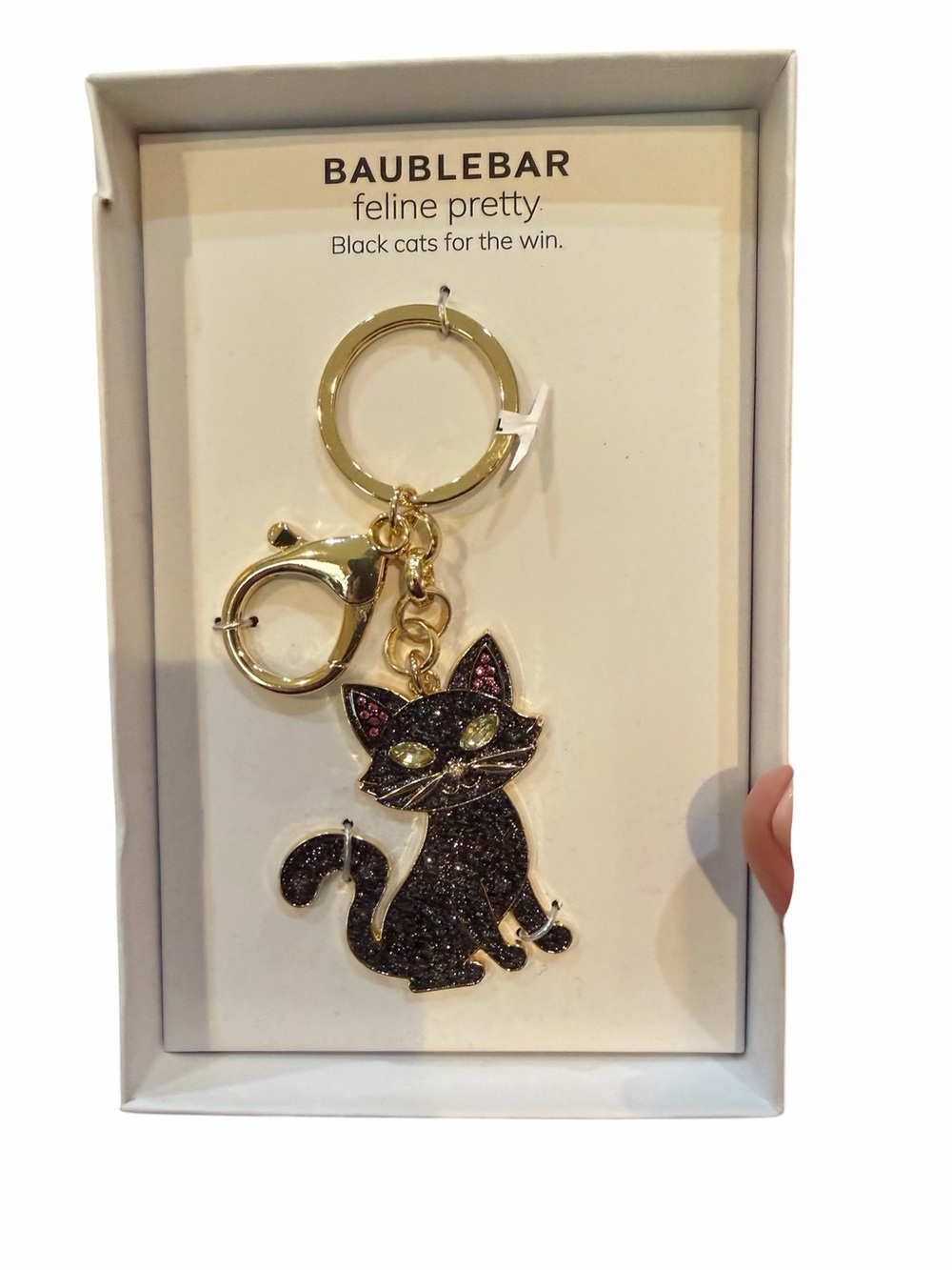 BaubleBar Black Glitter Cat Key Chain/ Purse Charm with Gold Hardware